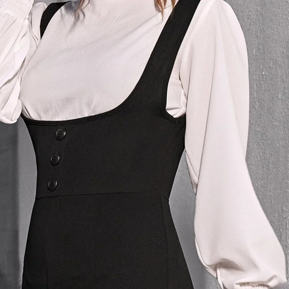 Black Elegant Women's High Waist Button Front Wide Leg Suspender Jumpsuit - Picture 3 of 5